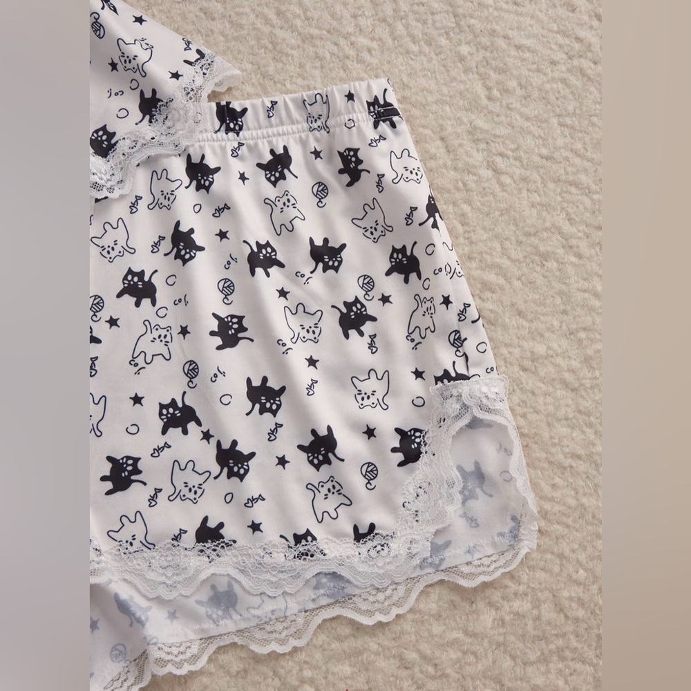 Cat Print Lace Sleepwear Set Lightweight Breathable Soft Jersey New Boutique - Picture 5 of 7